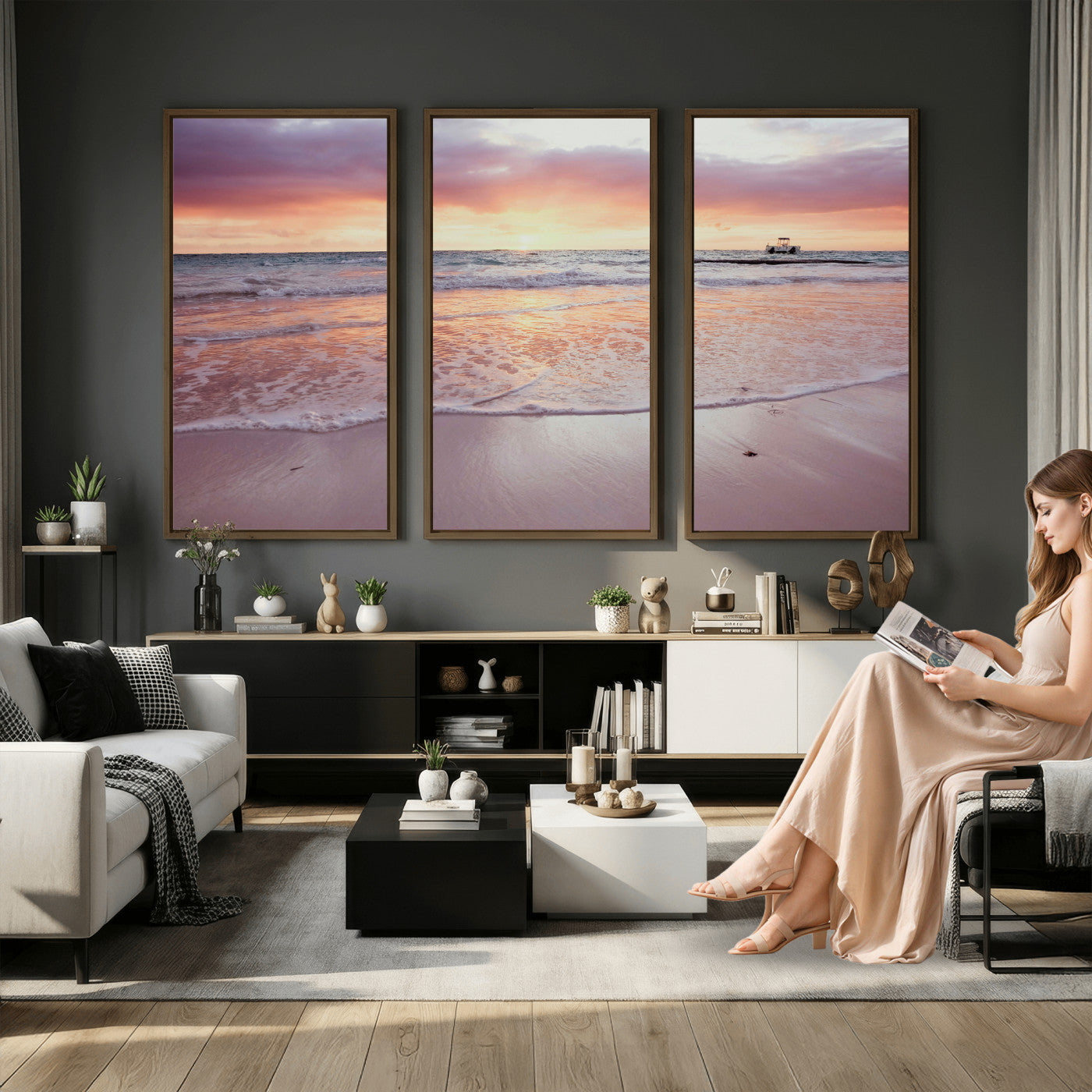 44765395-MGV-CV-36X24 - Beach Sunset Canvas Wall Art Print - Ocean Waves Landscape, Coastal Photography, Seascape Wall Decor, Ready to Hang