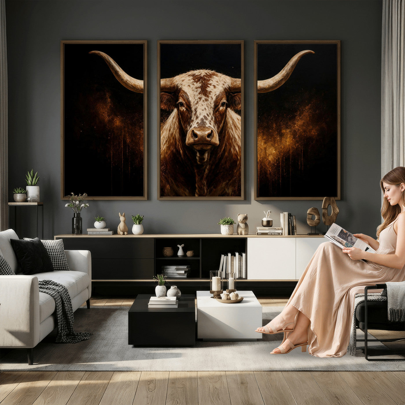 62076449-MGV-CV-48X32-3P - Texas Bull Cow Longhorn Canvas Wall Art Moody Western Bull Oil Painting Print