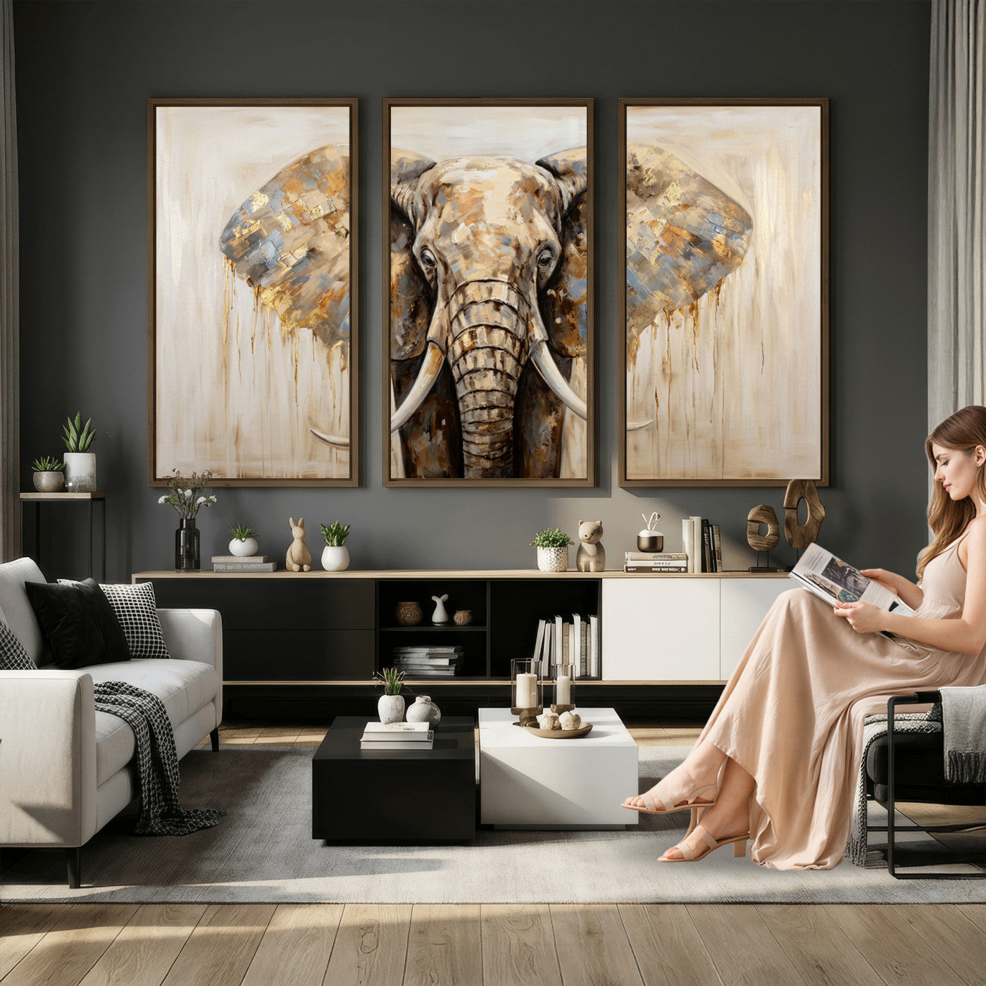 95819221-MGV-CV-36X24 - Gold Leaf Elephant Canvas Wall Art Abstract African Wildlife Painting Print