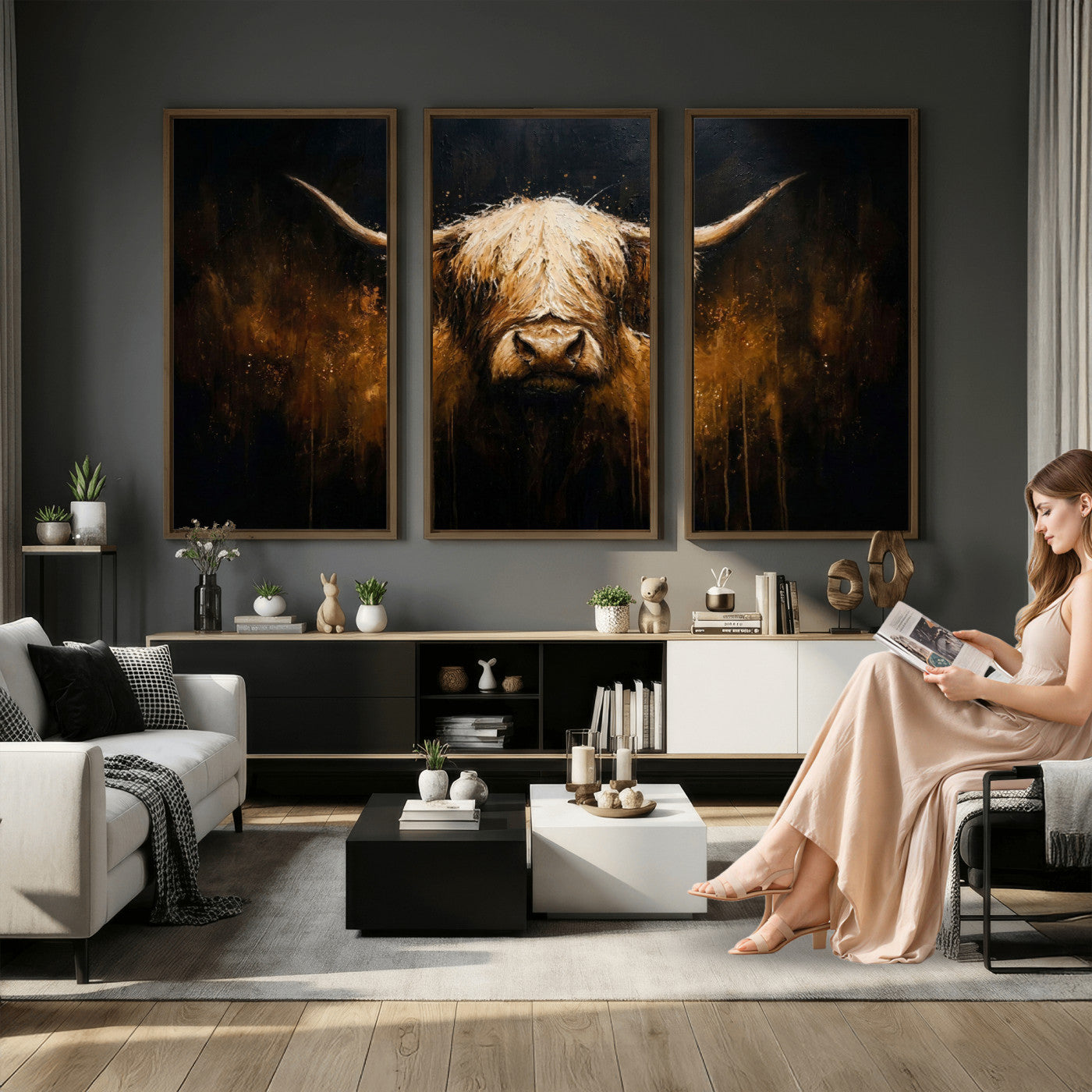 79873059-MGV-CV-36X24 - Rustic Highland Cow Canvas Print Dark Farmhouse Cattle Wall Decor