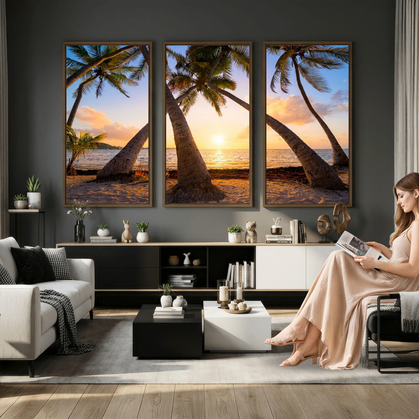 75123213-MGV-CV-36X24 - Tropical Island Coconut Palm Trees Sunset Wall Art Canvas Print - Turquoise Beach Print for Nautical Home Decor