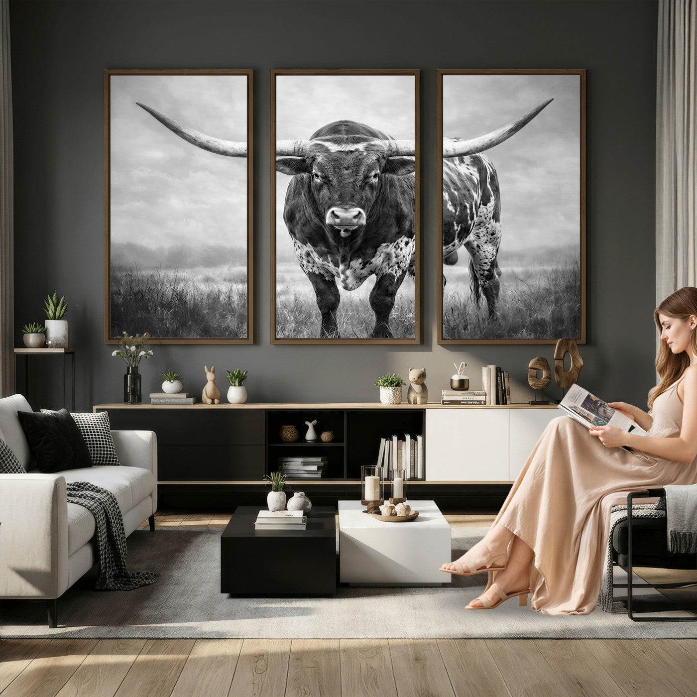 11121585-MGV-CV-36X24 - Texas Bull Wall Art Canvas Print for Farmhouse Restaurant Wall Decor
