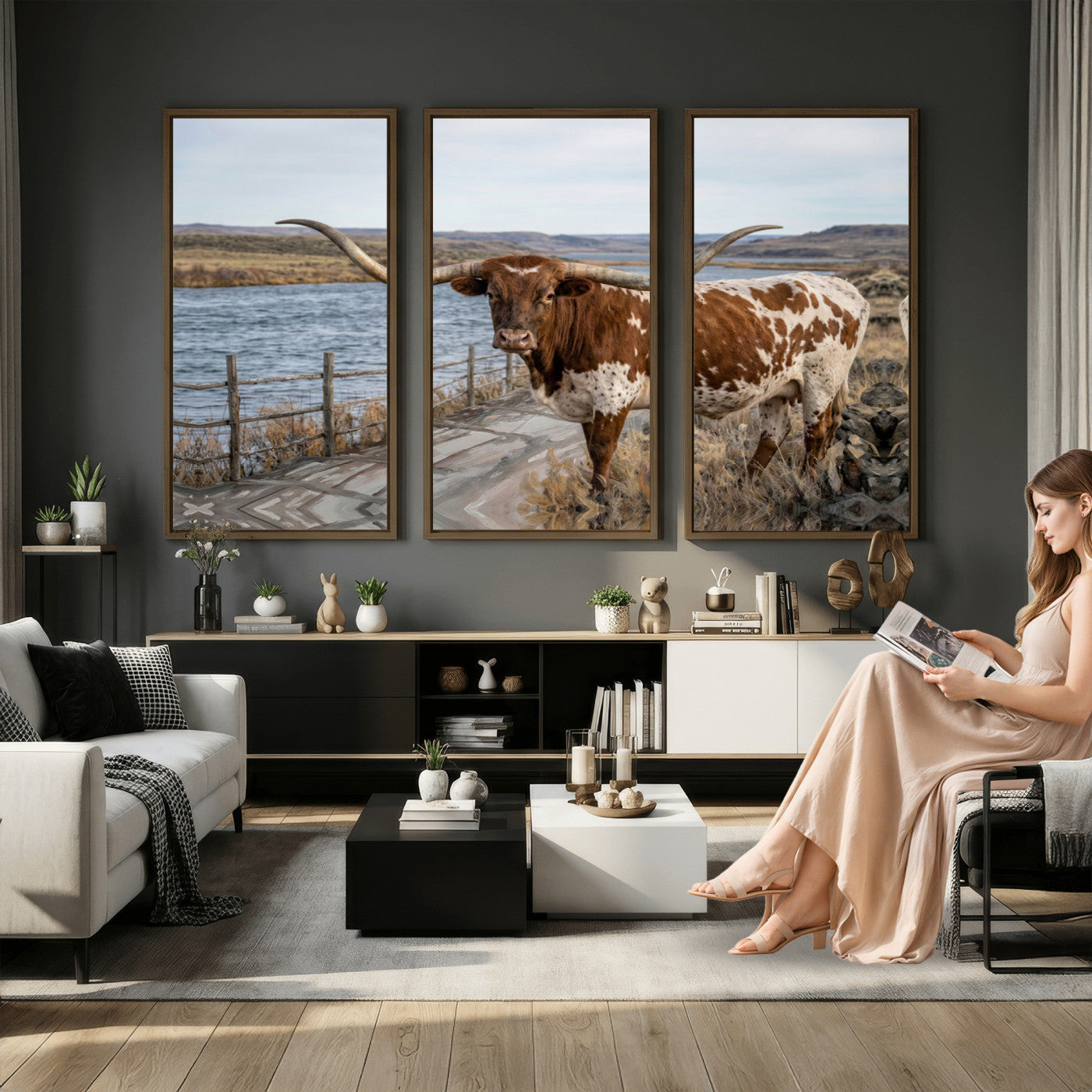 91575949-MGV-CV-36X24 - Texas Longhorn Cattle in Desert Pasture Wall Art Canvas Print - Rustic Western Decor