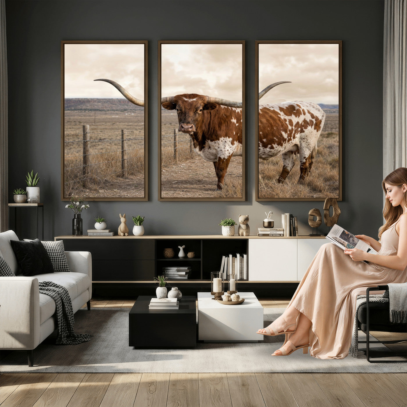 22808364-MGV-CV-36X24 - Texas Longhorn Cattle in Desert Pasture Wall Art Canvas Print - Rustic Western Decor