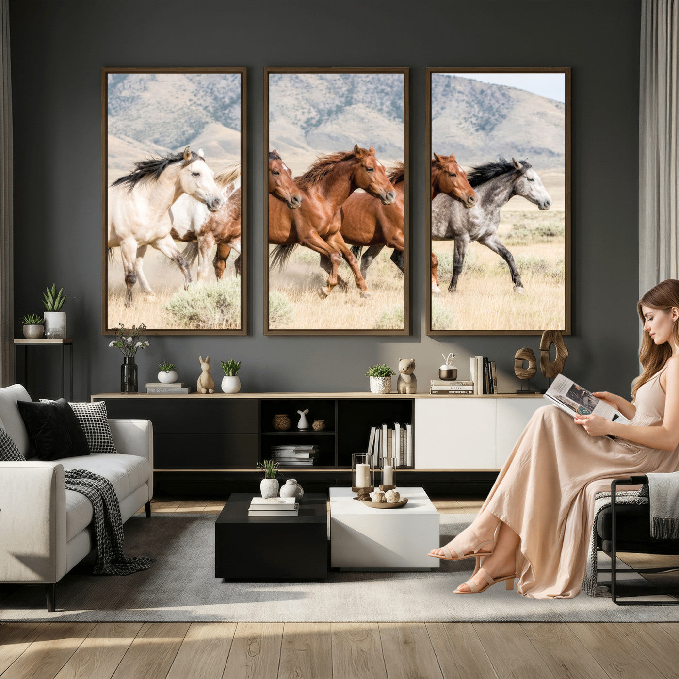 68345893-MGV-CV-36X24 - Five Mustangs Running Wild in Mountain Valley Wall Art Canvas Print - Rustic Western Decor