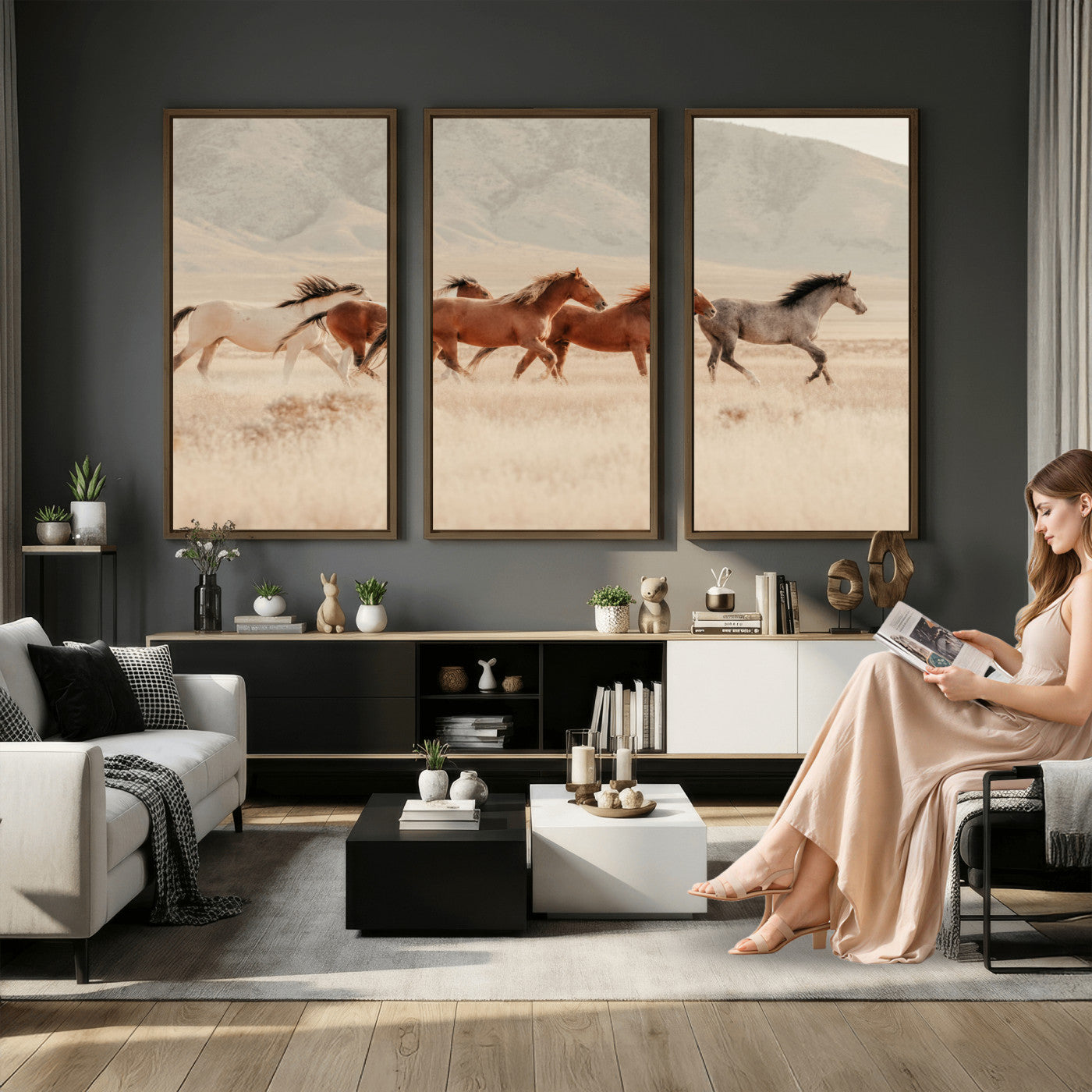43348446-MGV-CV-36X24 - Herd of Wild Horses Running in Desert Mountain Wall Art Canvas Print - Boho Western Landscape