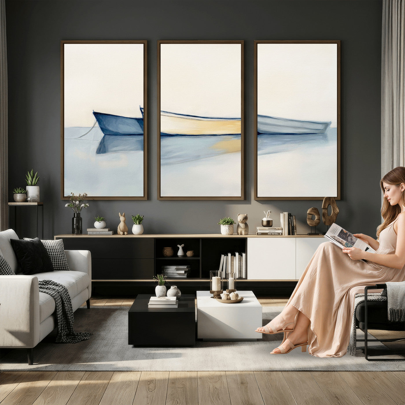 84017361-MGV-CV-36X24 - Abstract Three Boats Reflecting on Water Wall Art Canvas Print - Minimalist Coastal Seascape
