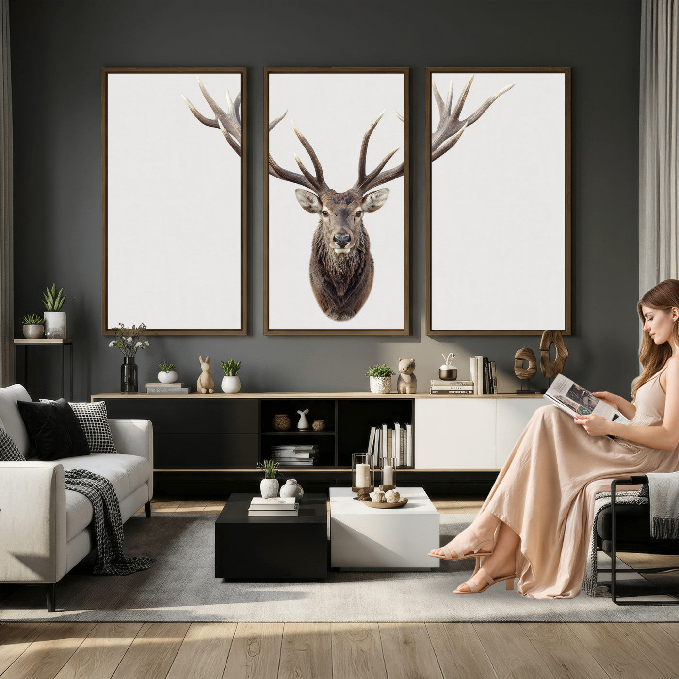 840173GY-MGV-CV-36X24 - Majestic Red Deer Canvas Wall Art – Stag Antlers Horns Print, Wildlife Hunting Poster, Rustic Cabin Lodge Decor