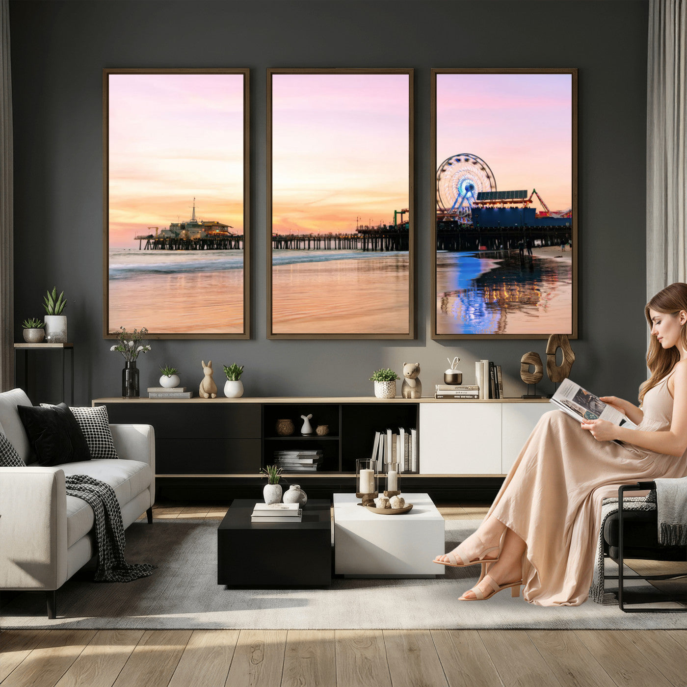 27381272-MGV-CV-36X24 - Santa Monica Pier Sunset Beach Wall Art Canvas Print, California Ferris Wheel Photo Print