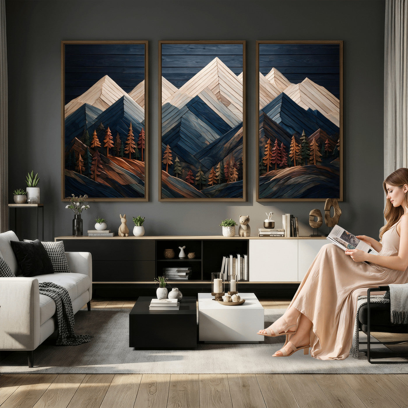 87765072-MGV-CV-36X24 - Geometric Wood Mountain Wall Art Canvas Print, 3D Look Rustic Mosaic Landscape Print