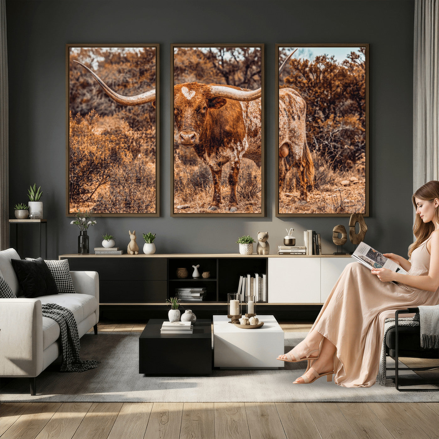 62076449-MGV-CV-36X24 - Texas Cow Bull Longhorn Print for Western Wall Art Decor for Farmhouse