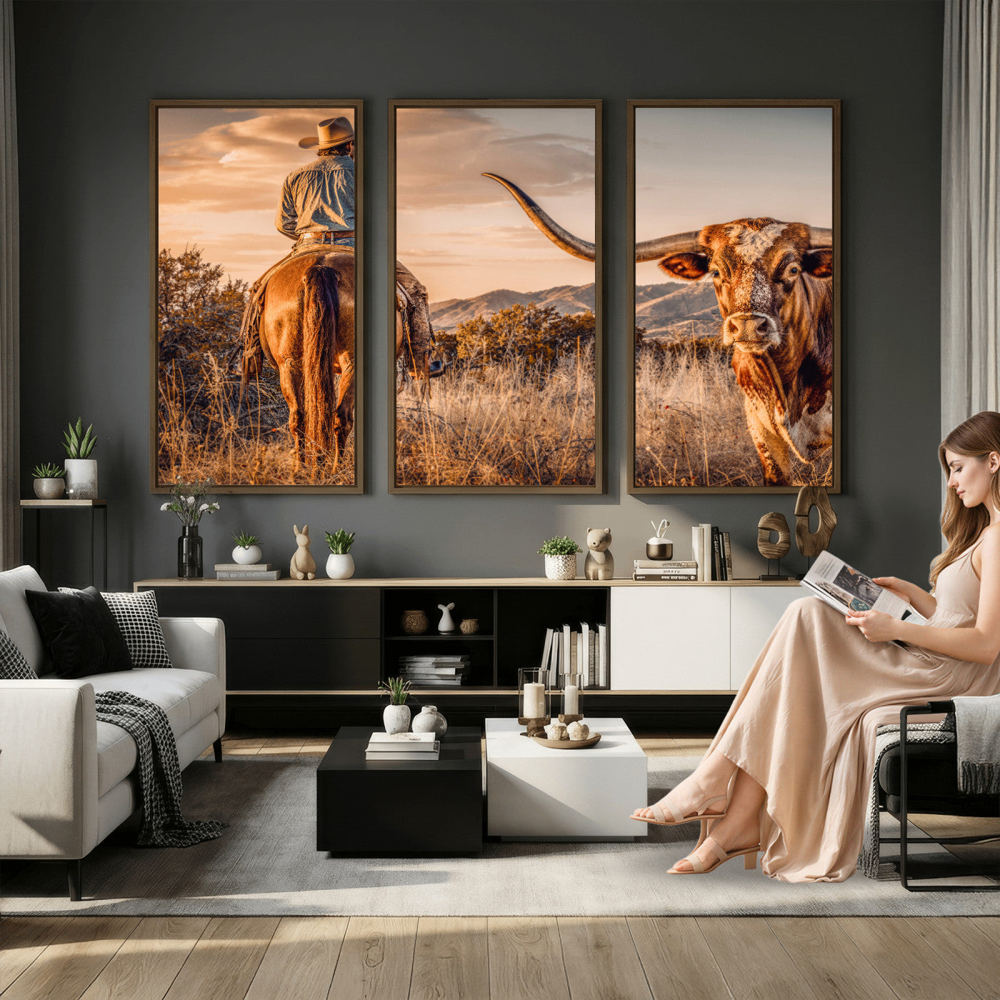 62076449C-MGV-CV-36X24 - Texas Cowboy and Longhorn Bull Print for Western Wall Art Decor for Farmhouse