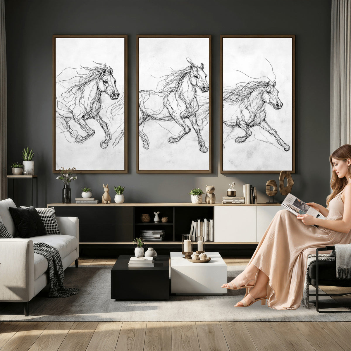 53600119-MGV-CV-36X24 - Monochrome Horse Canvas Wall Art, Black Ink Sketch Wild Horses Print, Minimalist Equestrian Artwork, Modern Abstract Line Decor, Urban Loft Gift