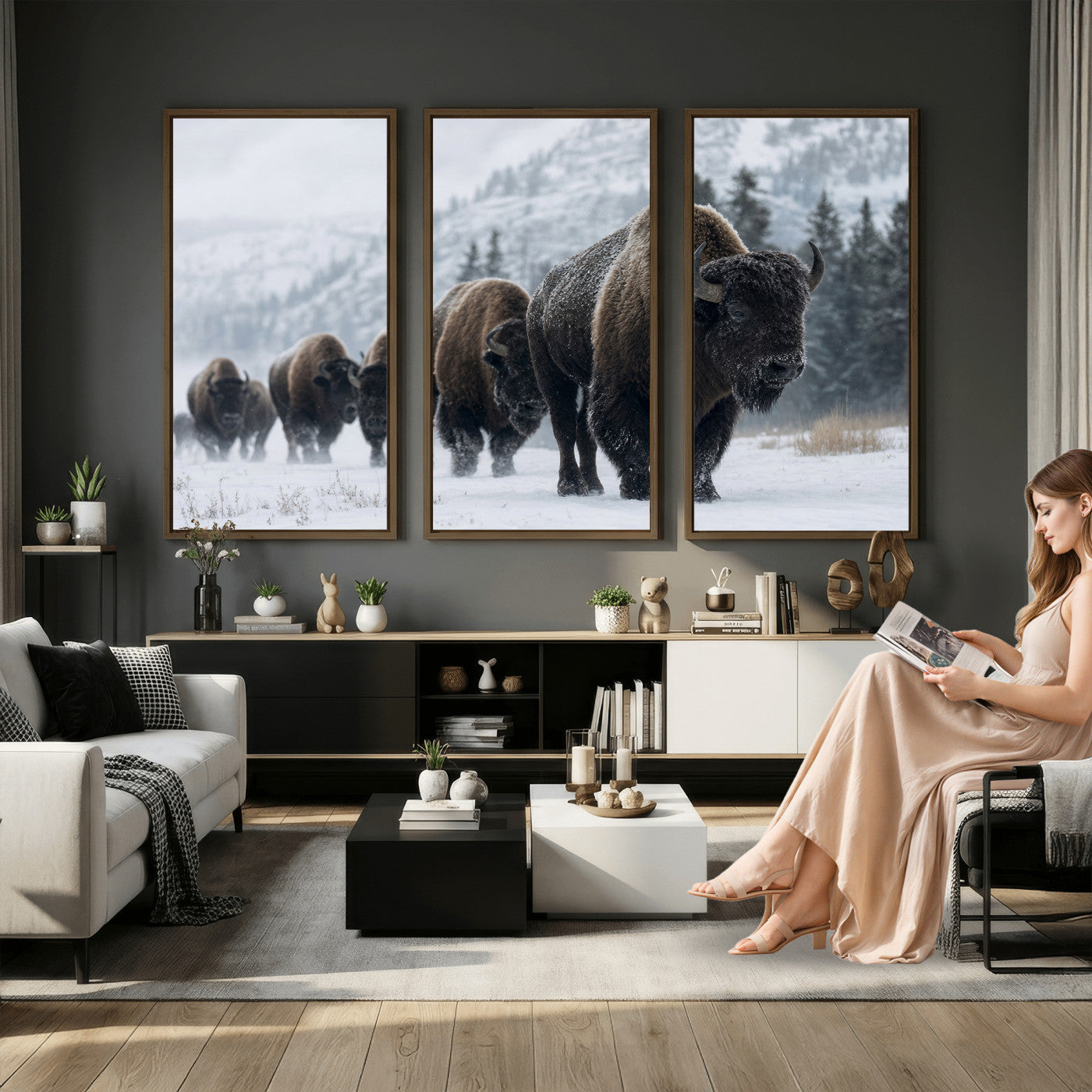 18343289-MGV-CV-36X24 - Rustic Bison Wall Art, American Buffalo Photo Print, Wildlife Canvas Artwork, Snowy Mountain Decor, Large Nature Poster, Cabin Gift Idea