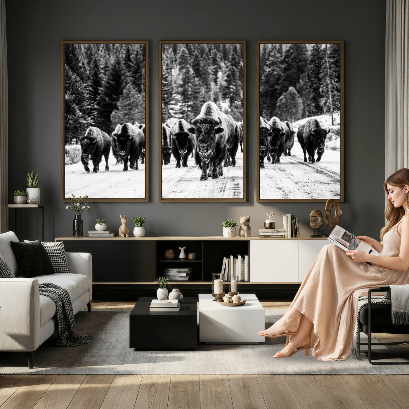 79337077-MGV-CV-36X24 - Black and White Bison Canvas Art, American Buffalo Print, Winter Wildlife Photography, Rustic Forest Wall Decor, Large Statement Nature Gift