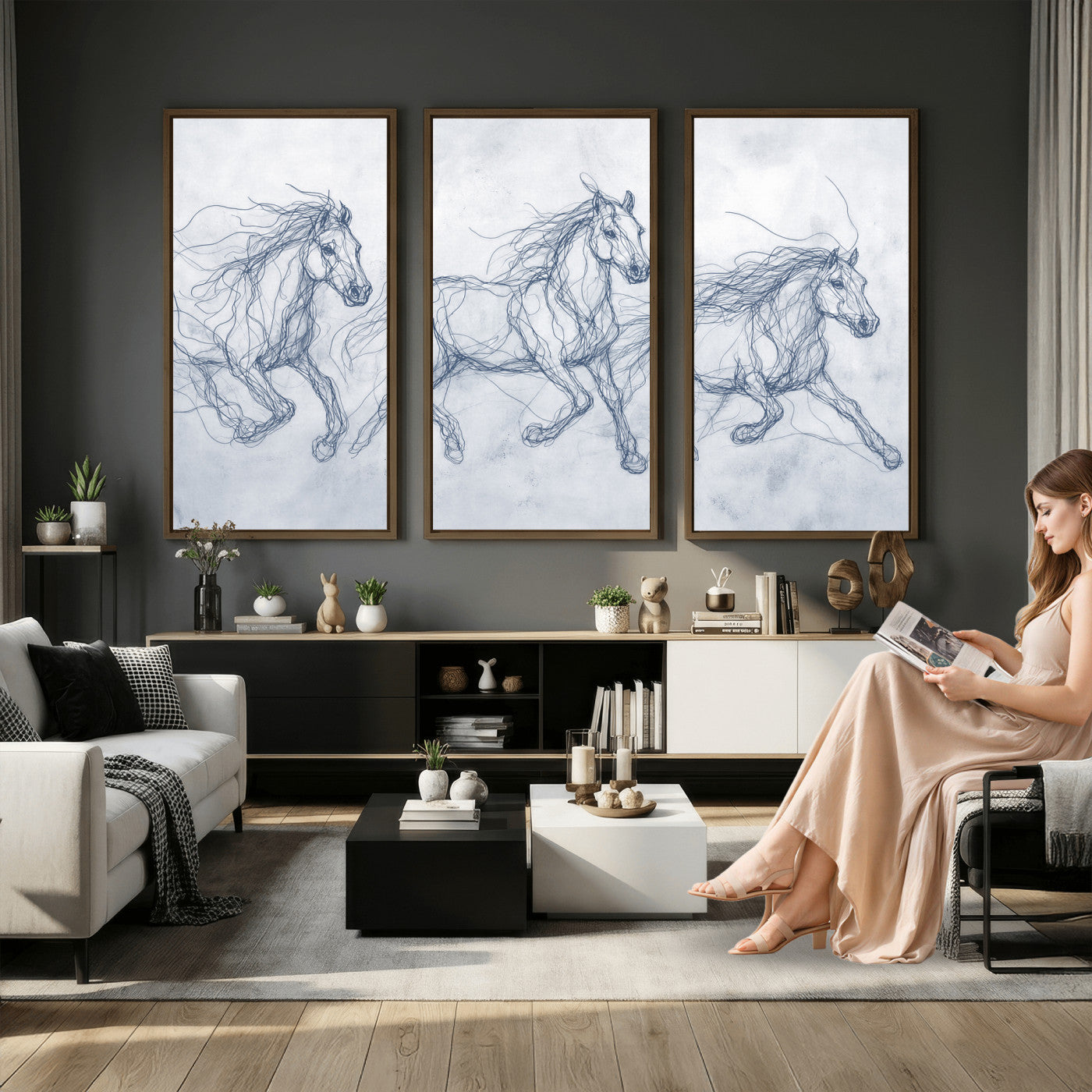 41163601-MGV-CV-36X24 - Indigo Blue Horse Line Art Canvas, Steel Grey Wild Horses Print, Abstract Navy Scribble Artwork, Modern Slate Equine Wall Decor, Coastal Ranch Gift