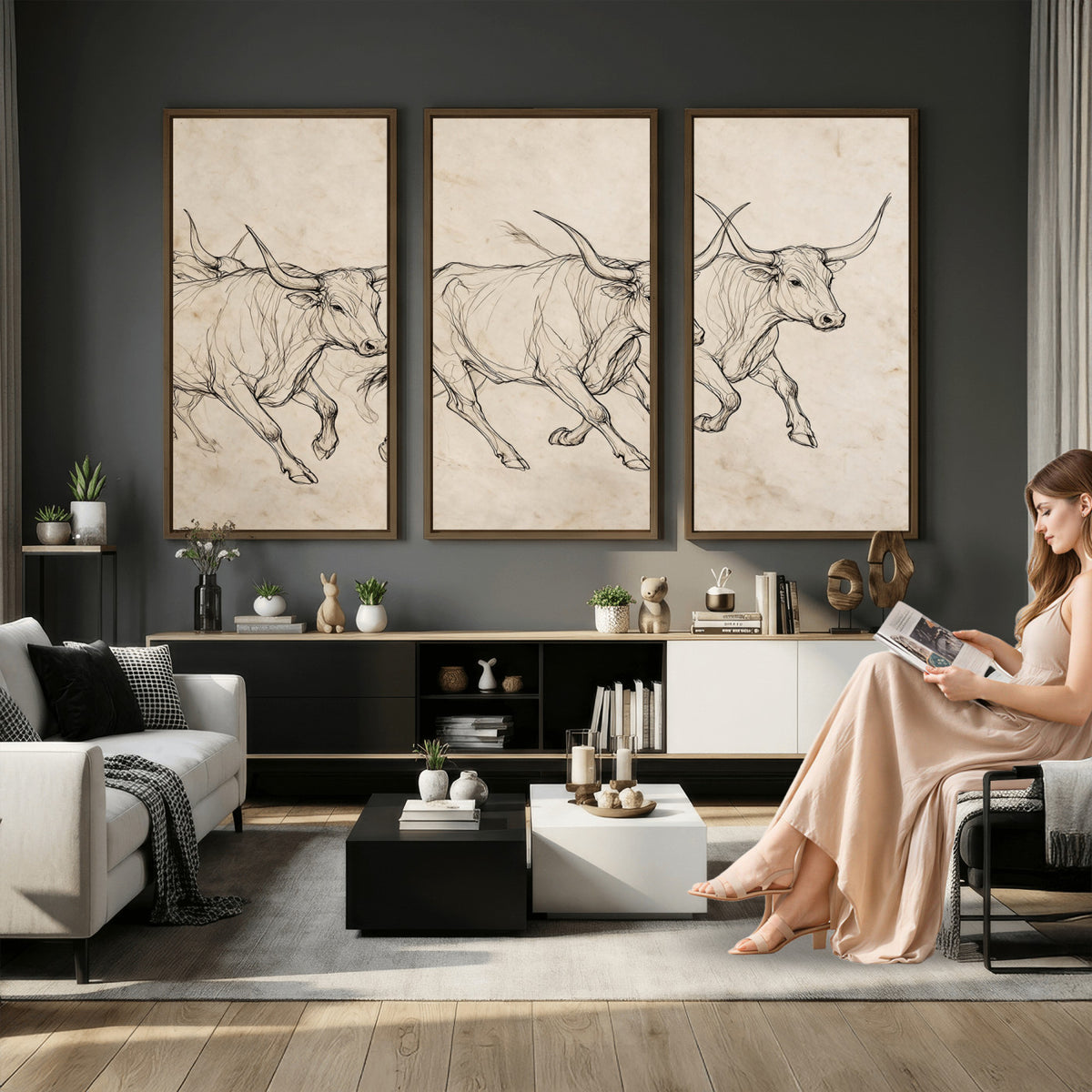 87177621-MGV-CV-36X24 - Minimalist Longhorn Line Art, Modern Texas Bull Canvas Print, Abstract Western Wall Decor, Continuous Line Artwork, Black White Ranch Gift