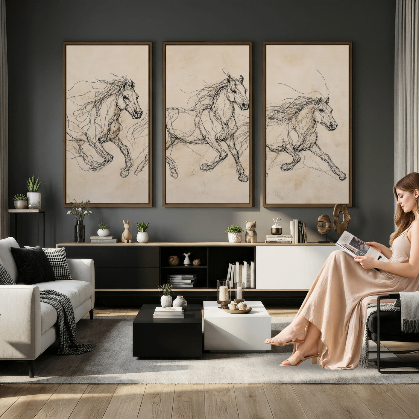 81051673-MGV-CV-36X24 - Abstract Horse Line Art Canvas, Gesture Sketch Wild Horses Print, Modern Scribble Artwork, Minimalist Equine Wall Decor, Rustic Studio Gift