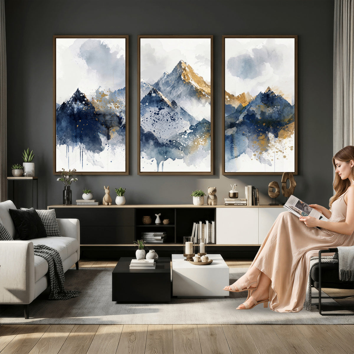 87460616-MGV-CV-36X24 - Abstract Mountain Canvas Wall Art, Blue Gold Foil Landscape Print, Modern Indigo Watercolor Poster, Large Abstract Nature, Luxury Office Gift