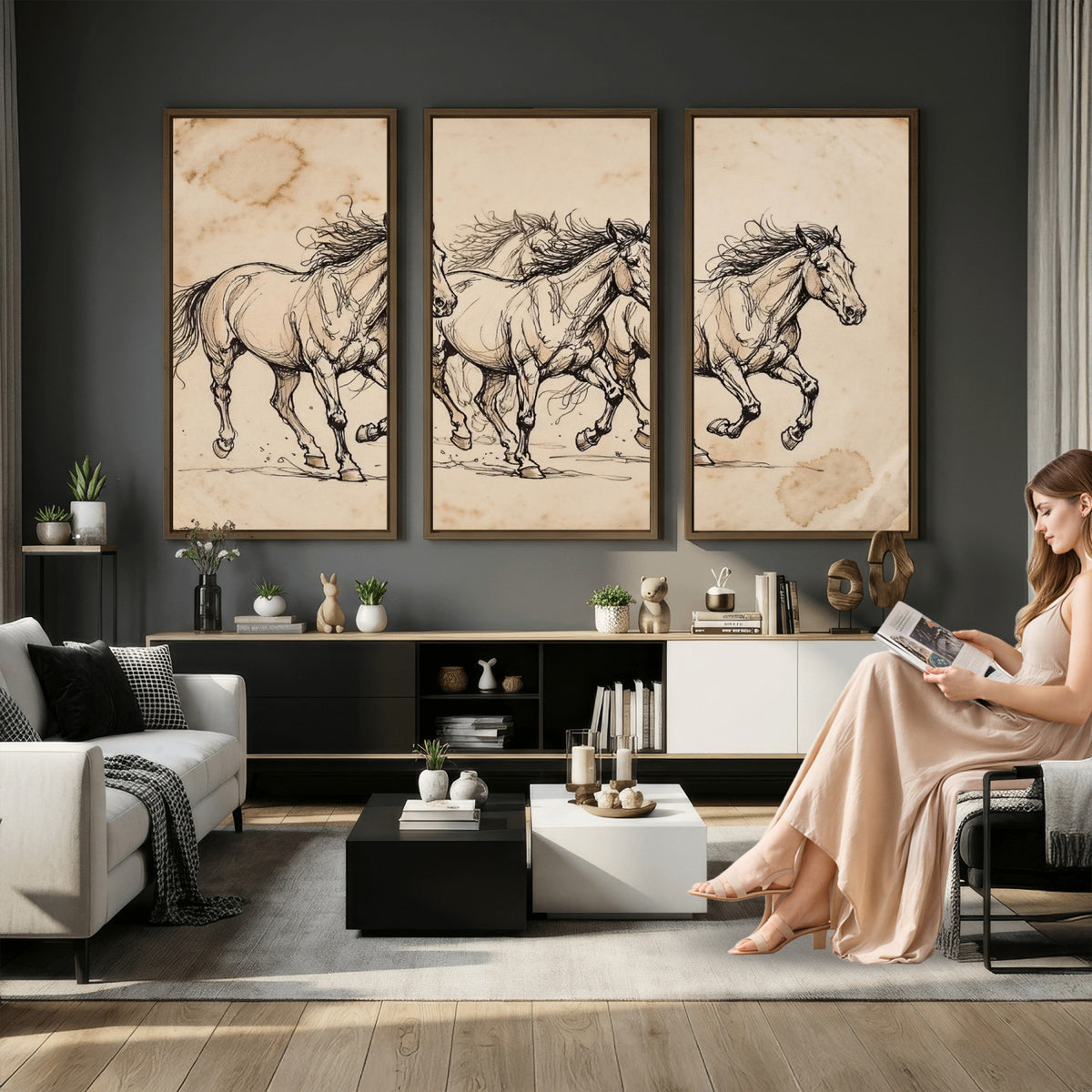 18242163-MGV-CV-36X24 - Vintage Horse Sketch Canvas Wall Art, Wild Horses Pencil Drawing Print, Antique Parchment Western Decor, Equine Sketching, Country Manor Gift