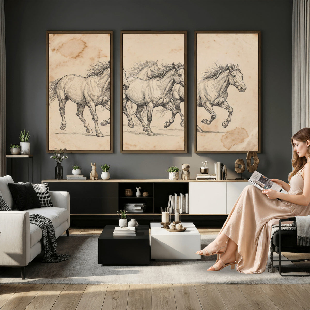 16644391-MGV-CV-36X24 - Vintage Horse Sketch Canvas Wall Art, Wild Horses Pencil Drawing Print, Antique Parchment Western Decor, Equine Sketching, Country Manor Gift