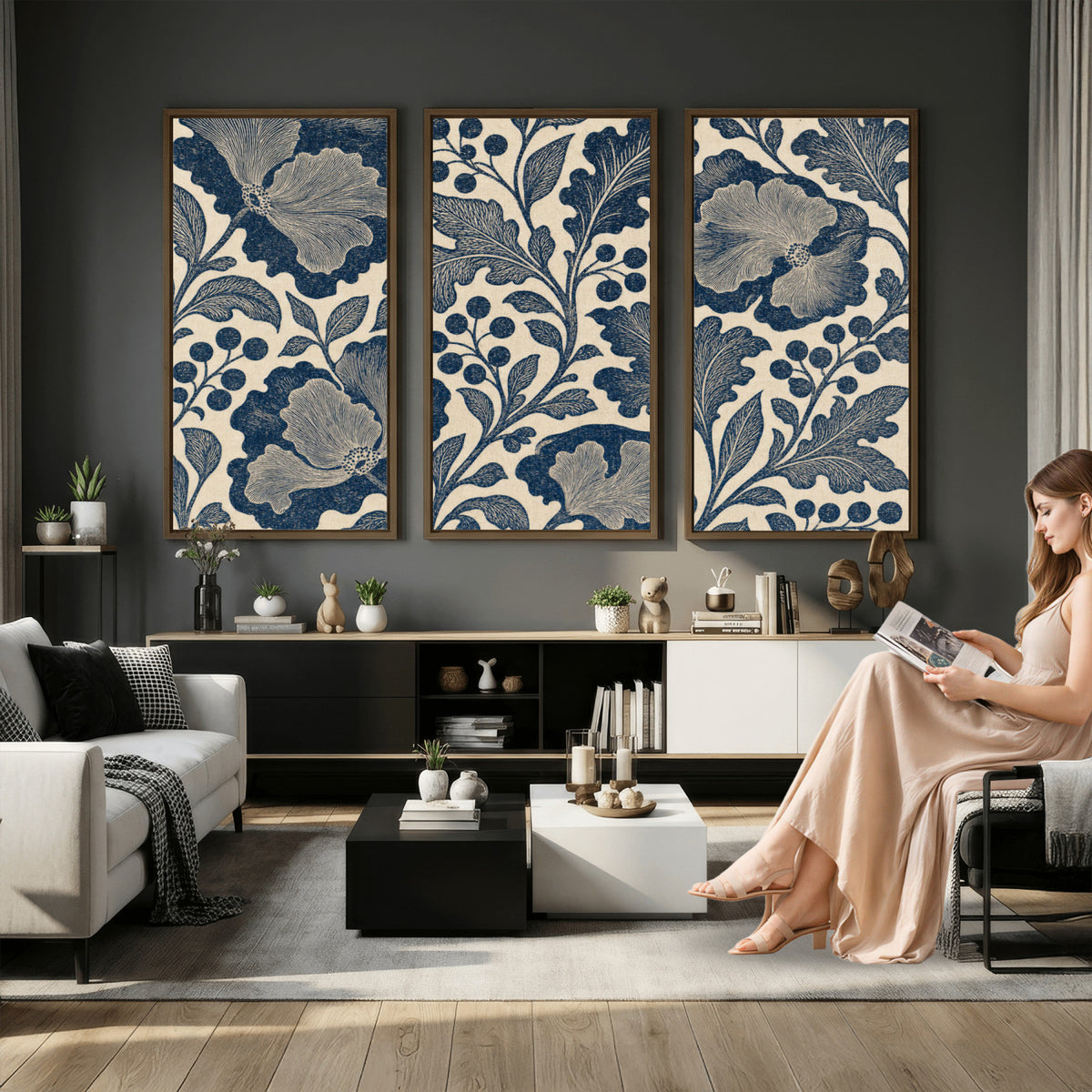 23824002-MGV-CV-36X24 - William Morris Style Navy Blue Floral Wall Art Canvas Print, Vintage Cream Botanical Painting Print