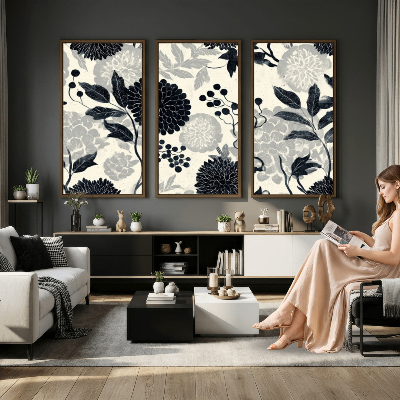 61524791-MGV-CV-36X24 - Vintage Black Chrysanthemum Wall Art Canvas Print, Monochrome Dhalia Floral Painting Print