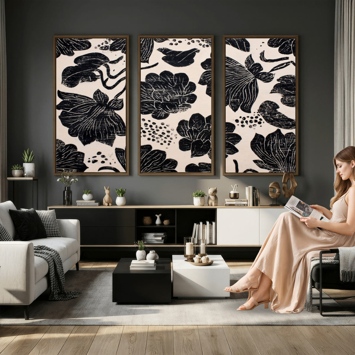 81787117-MGV-CV-36X24 - Linocut Black Lotus Floral Wall Art Canvas Print, Vintage Monochrome Botanical Painting Print