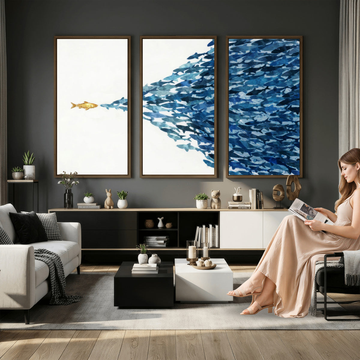 79089639-MGV-CV-36X24 - Abstract Blue Fish School Canvas Wall Art, Gold Foil Accent Marine Print