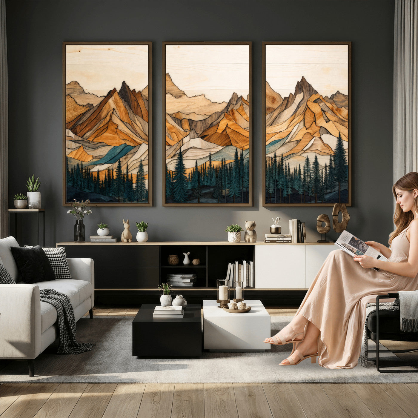 57384313-MGV-CV-48X32-3P - Mountain Landscape Canvas Wall Art with Wood Grain Effect, Golden Peaks and Teal Pine Forest, Framed Cabin Decor