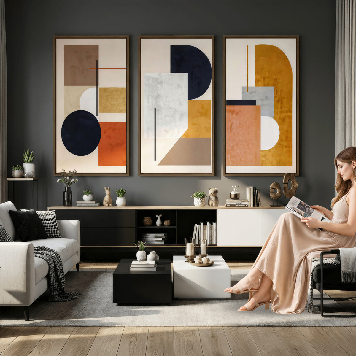 87361249-MGV-CV-48X32-3P - Mid Century Modern Geometric Canvas Wall Art, Abstract Triptych Print