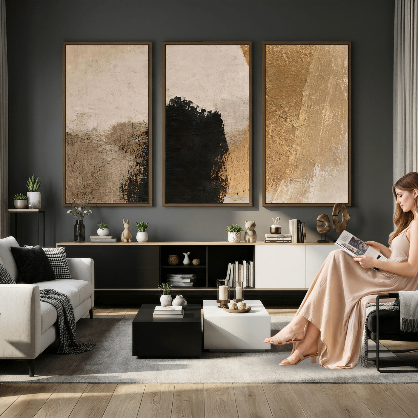 36003778-MGV-CV-48X32-3P - Mid Century Modern Geometric Canvas Wall Art, Abstract Triptych Print
