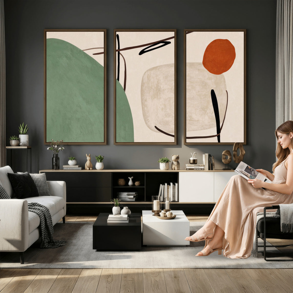 46798824-MGV-CV-48X32-3P - Mid Century Modern Geometric Canvas Wall Art, Abstract Triptych Print