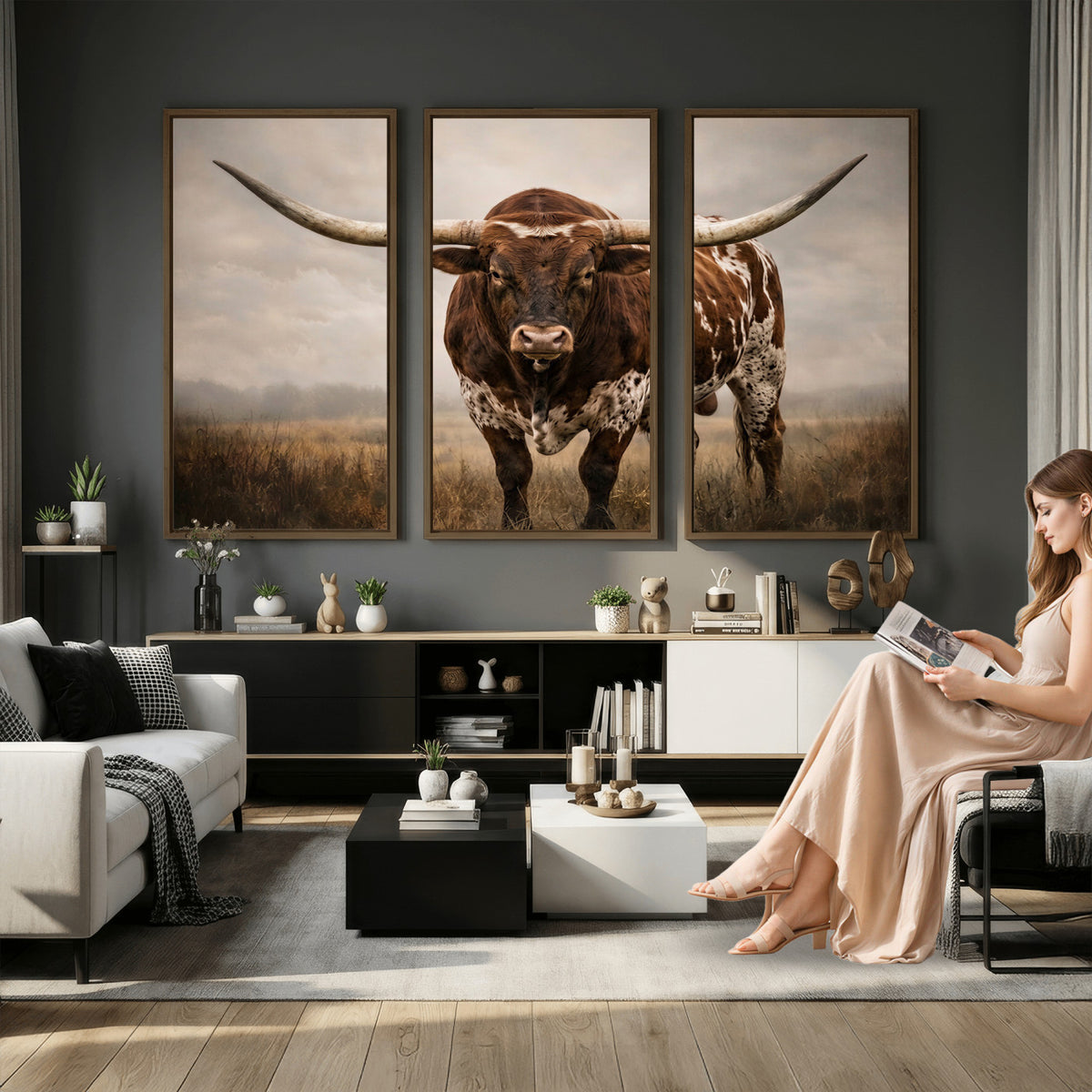 25239047A-MGV-CV-36X24 - Texas Longhorn Canvas Wall Art Western Bull Desert Moody Grey Overcast Rustic Farmhouse Framed Large for Living Room Bedroom Office Decor