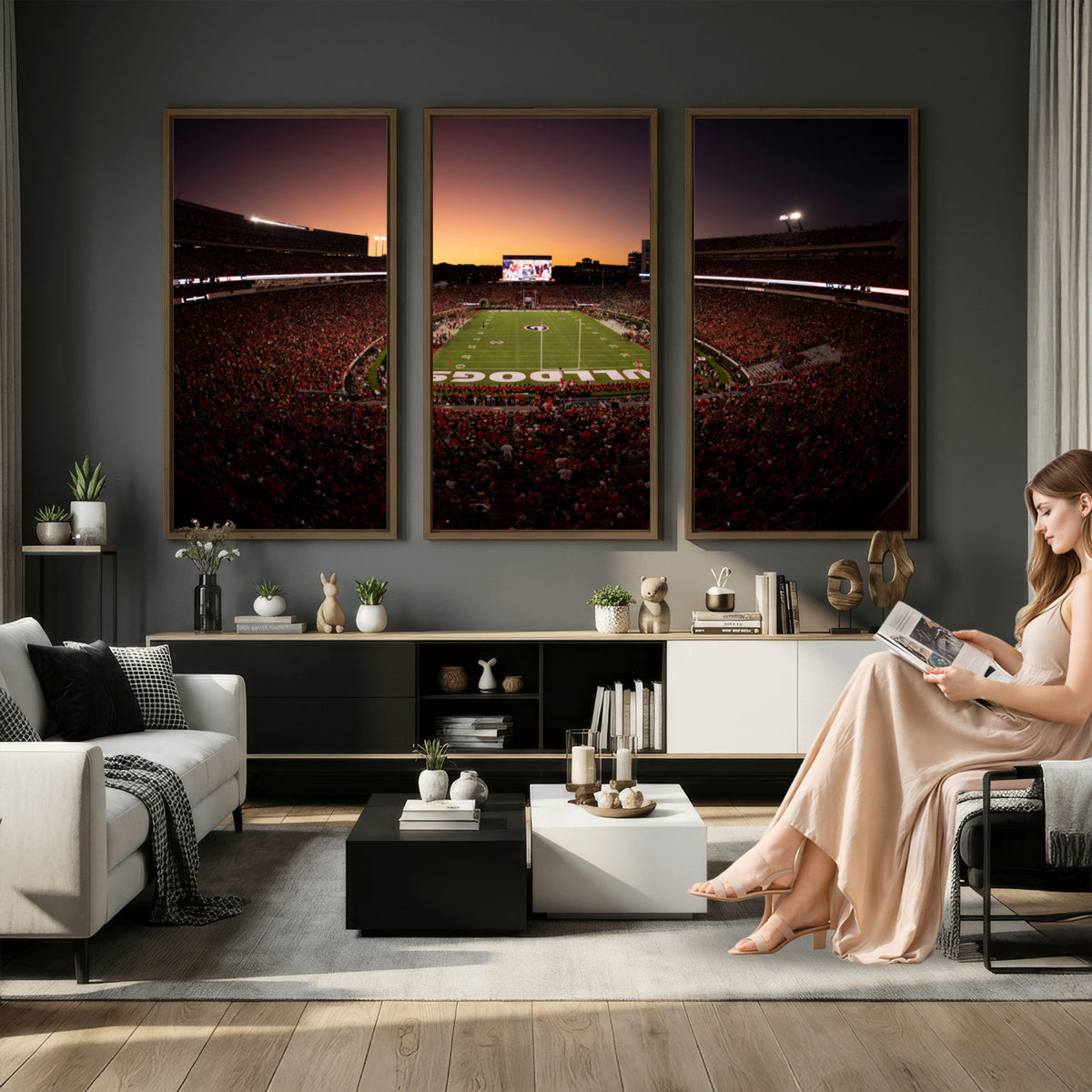 97720998-_Poster-30x20 - Georgia Bulldogs Stadium Sunset Canvas Print 3 Piece Framed Wall Art Extra Large Floating Frame Sports Poster Made in USA