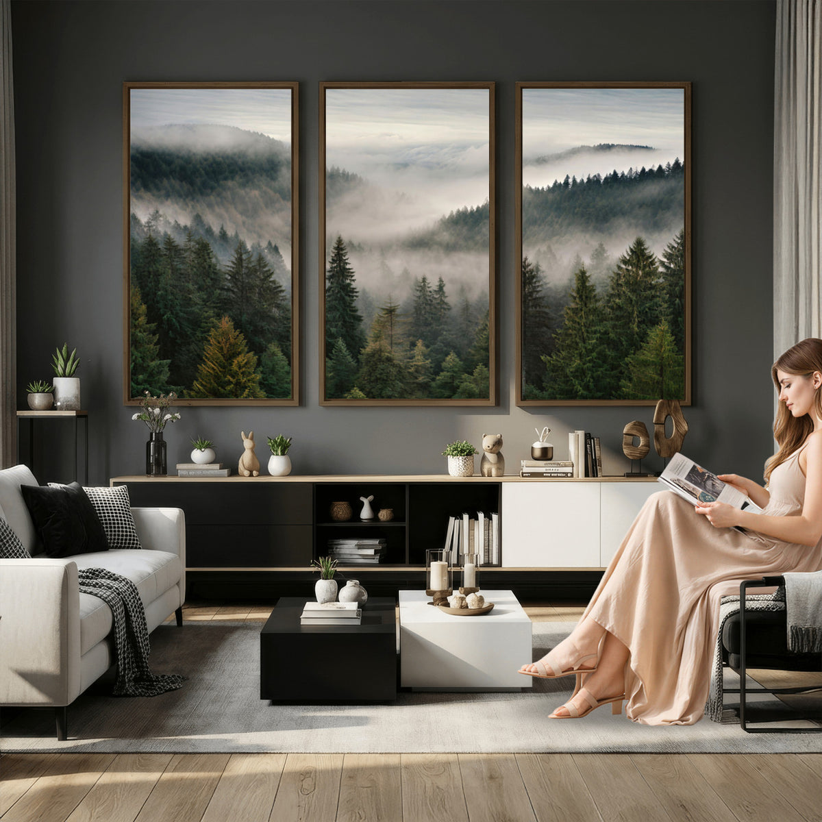 38409495-_Poster-30x20 - Misty Pine Valley Mountain Canvas Print 3 Piece Framed Wall Art Extra Large Floating Frame Nature Poster Made in USA