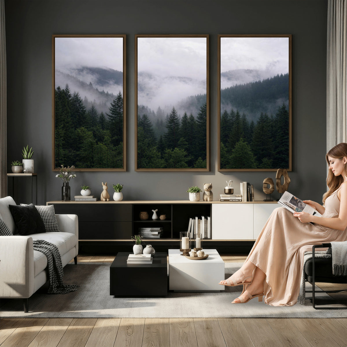 25432119-_Poster-30x20 - Misty Mountain Pine Forest Canvas Print 3 Piece Framed Wall Art Extra Large Floating Frame Nature Poster Made in USA