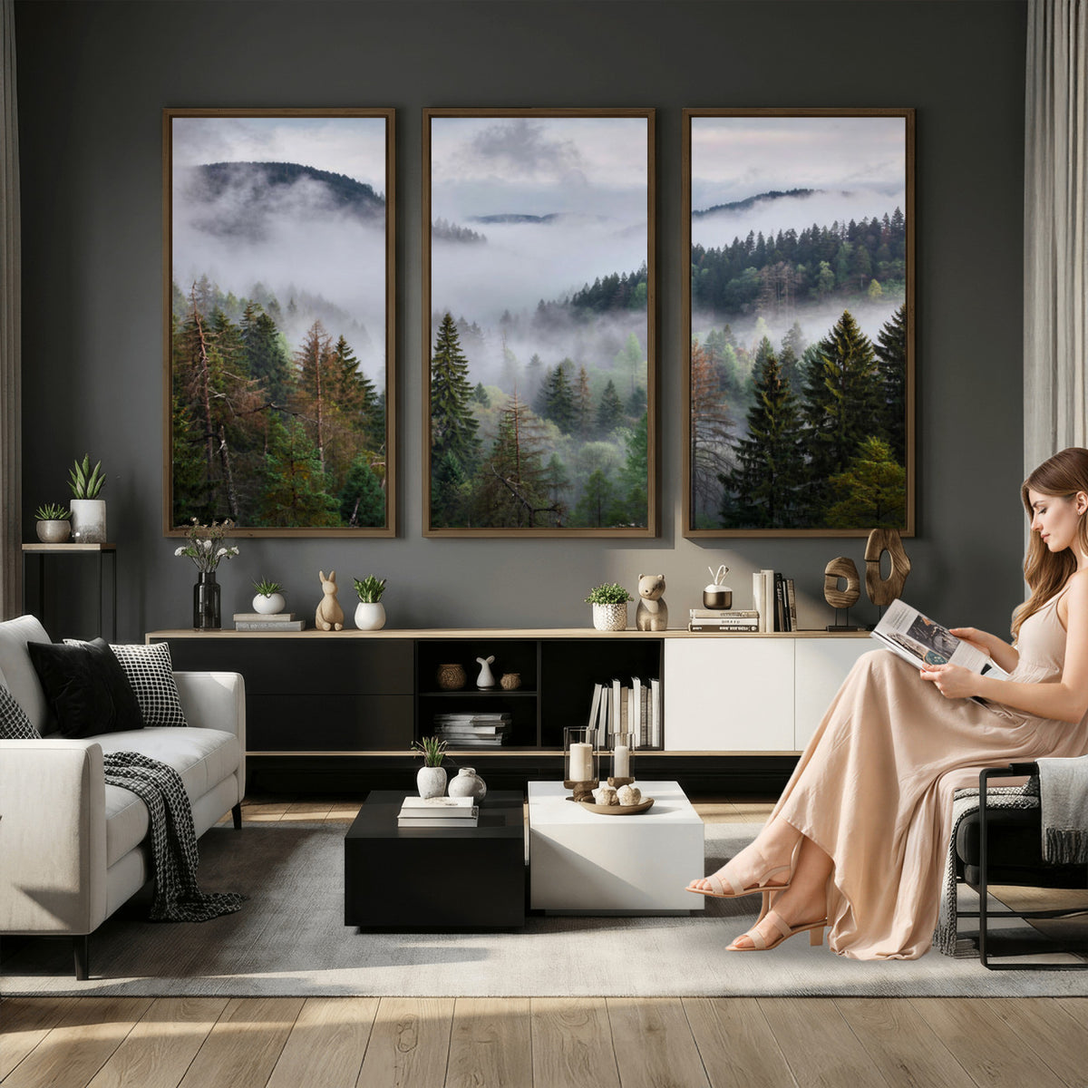 18735847-_Poster-30x20 - Foggy Pine Forest Mountain Canvas Print 3 Piece Framed Wall Art Extra Large Floating Frame Nature Poster Made in USA