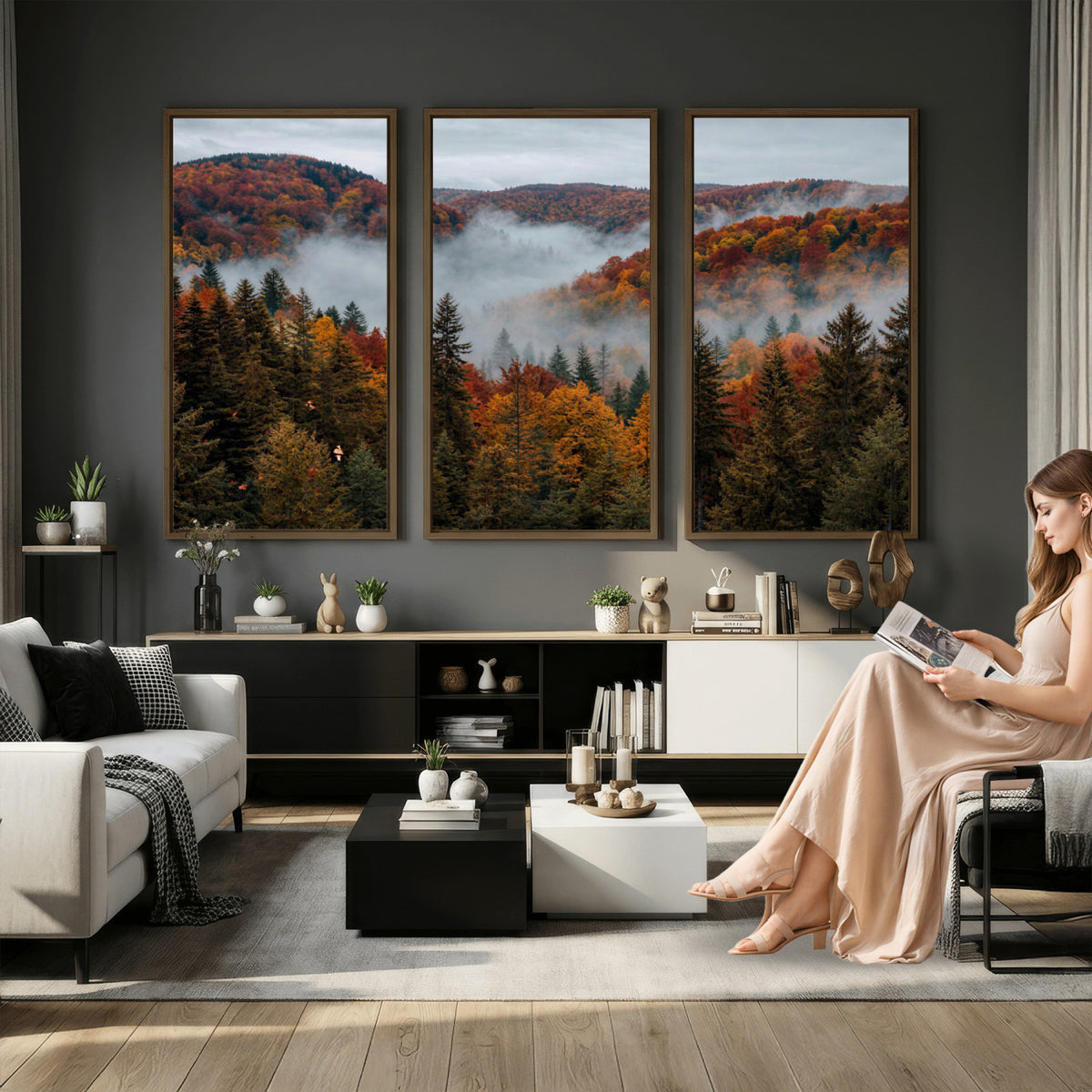 26686263-_Poster-30x20 - Misty Autumn Forest Mountain Canvas Print 3 Panel Wall Art Gallery Wrapped Floating Frame Poster Made in USA