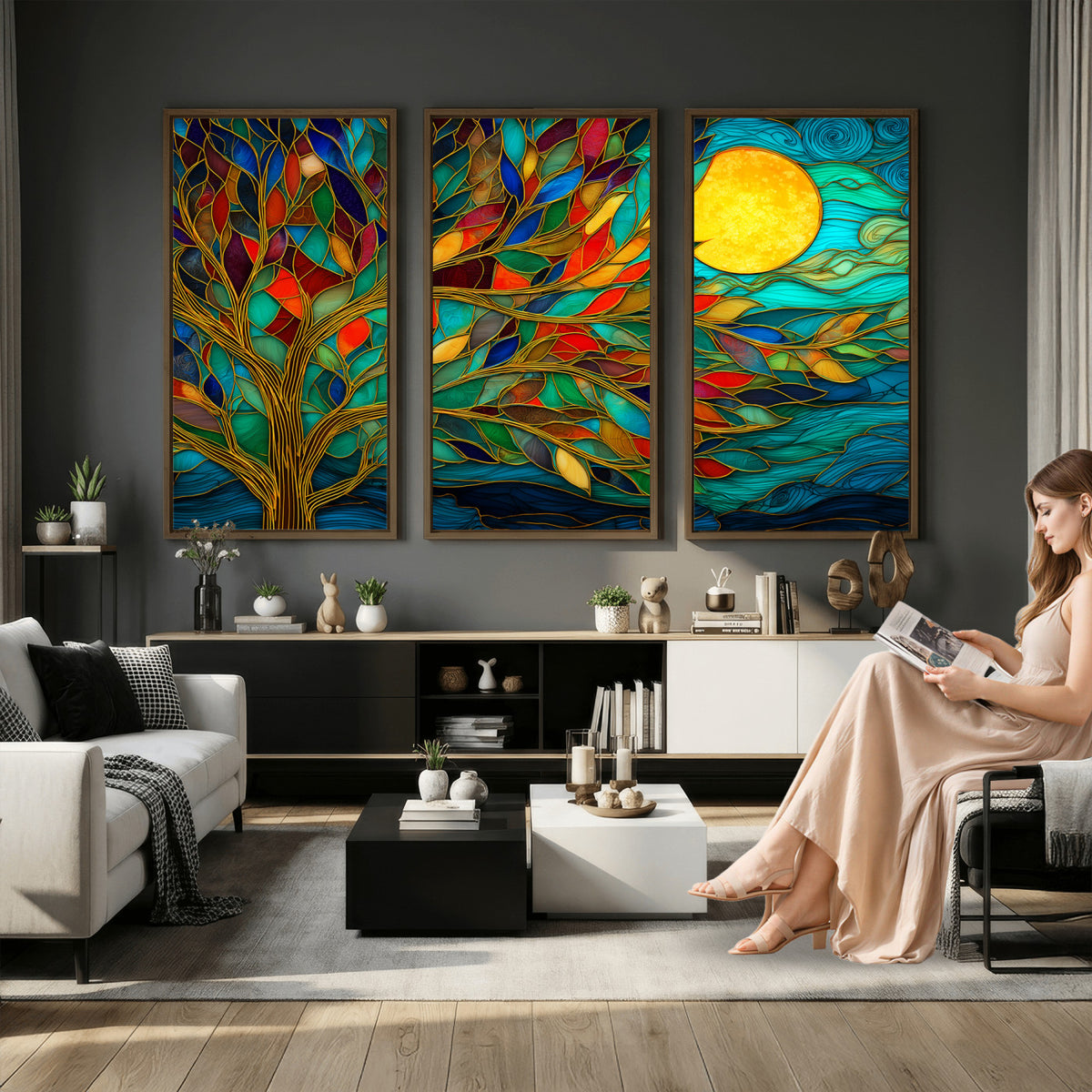 11877152-MGV-CV-36X24 - Stained Glass Tree Of Life Wall Art - Vibrant Mosaic Nature Home Decor