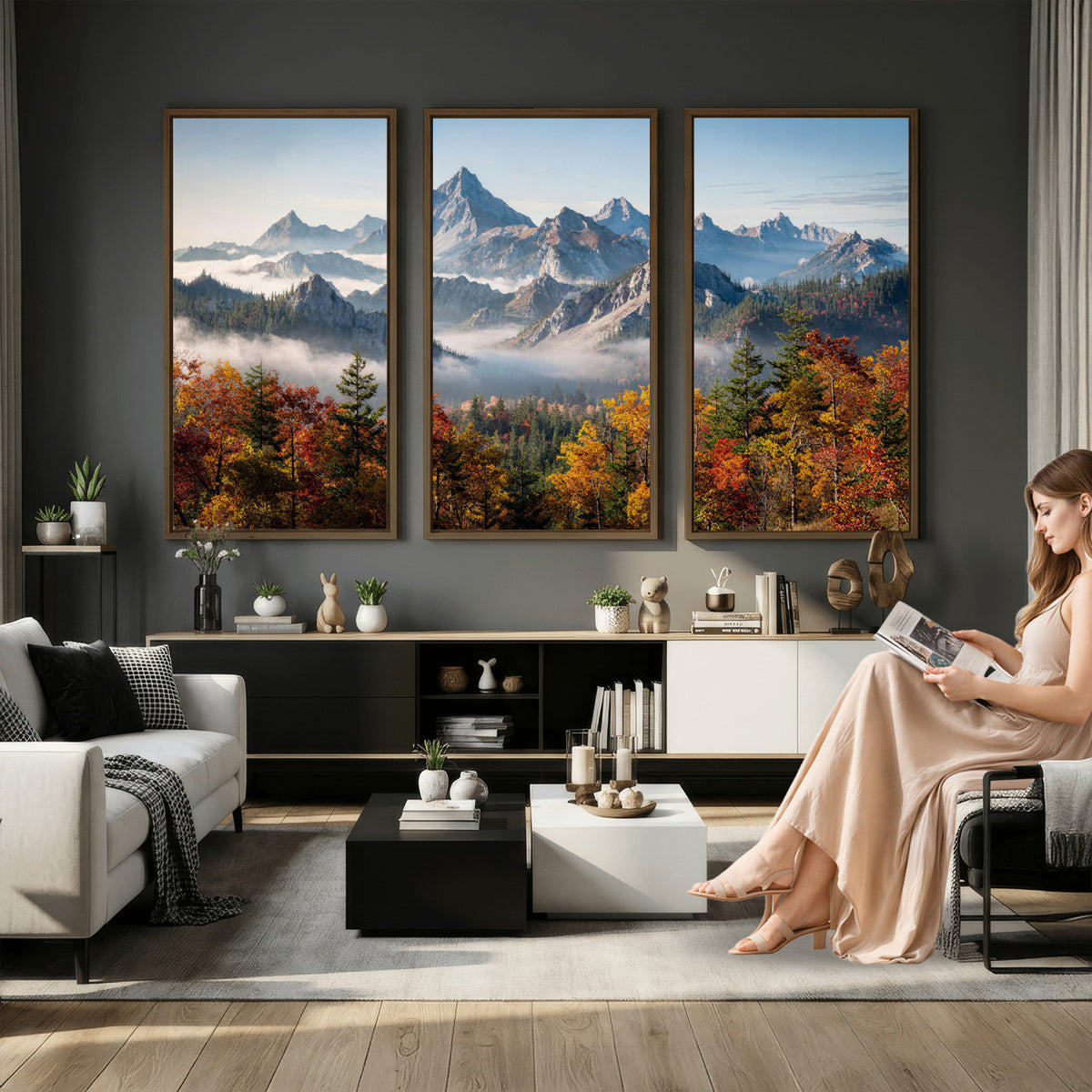 38847944-MGV-TP-30X20 - Majestic Mountain Peak Canvas Wall Art - Panoramic Autumn Forest Fog Landscape Print