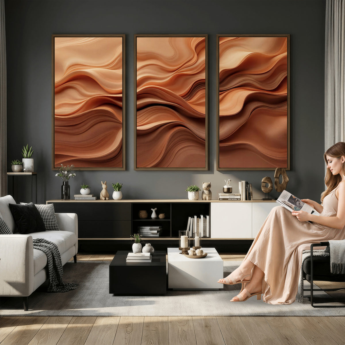 82230697-MGV-CV-36X24 - Modern Abstract Fluid Waves Canvas Wall Art - Minimalist Warm Terracotta Beige Sand Print