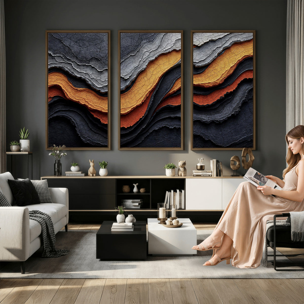 59852489-MGV-CV-36X24 - Abstract Waves Canvas Wall Art - Modern Terracotta and Charcoal Gray Print