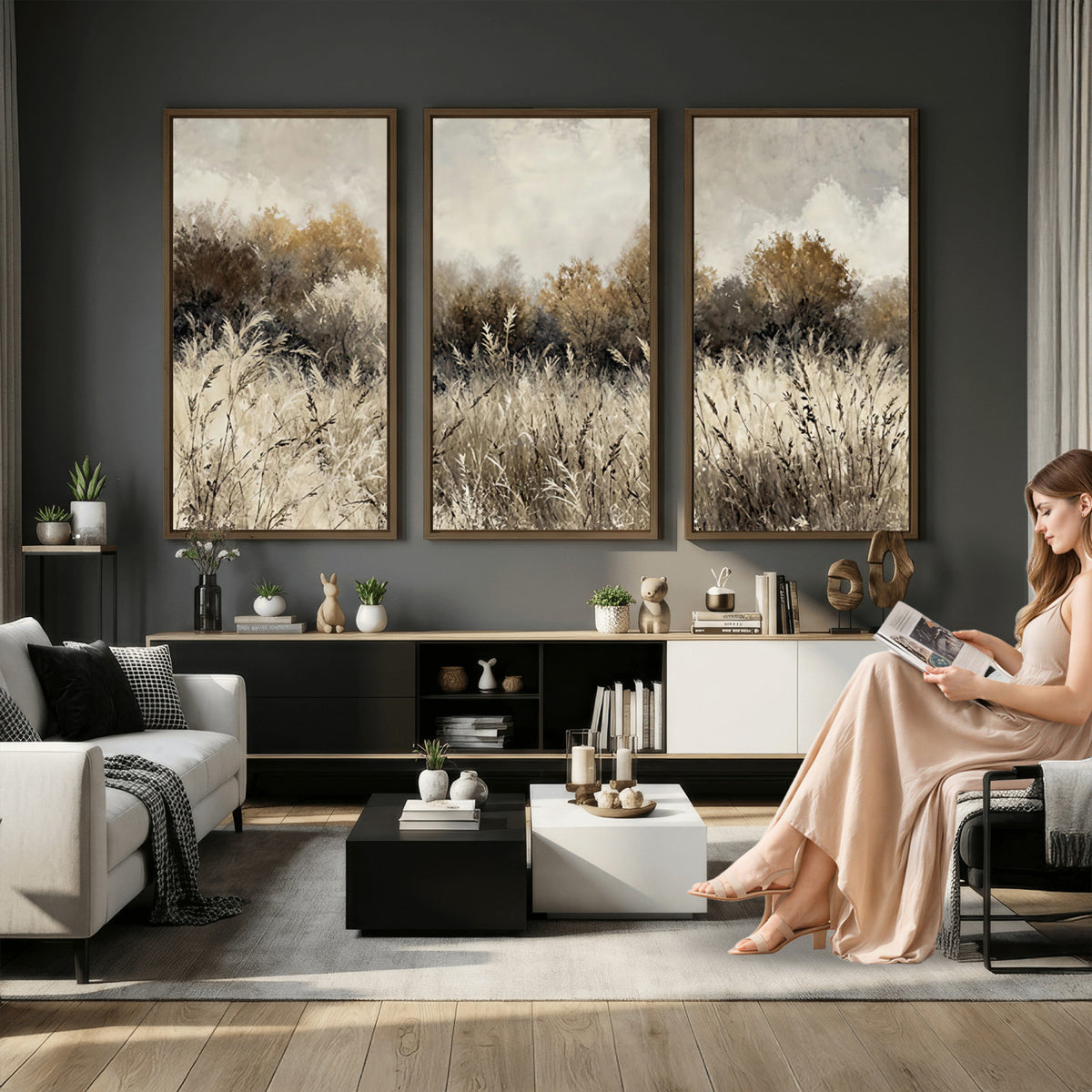 53959945-MGV-TP-30X20 - Muted Neutral Forest Landscape Canvas Wall Art - Vintage Rustic Wildflower Meadow Print