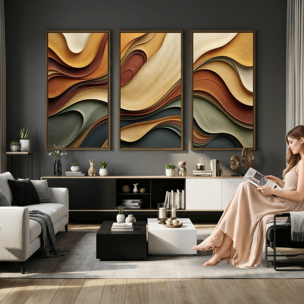 19337902-_Poster-30x20 - Modern Abstract Waves Canvas Wall Art - Minimalist Earthy Tone Living Room Decor