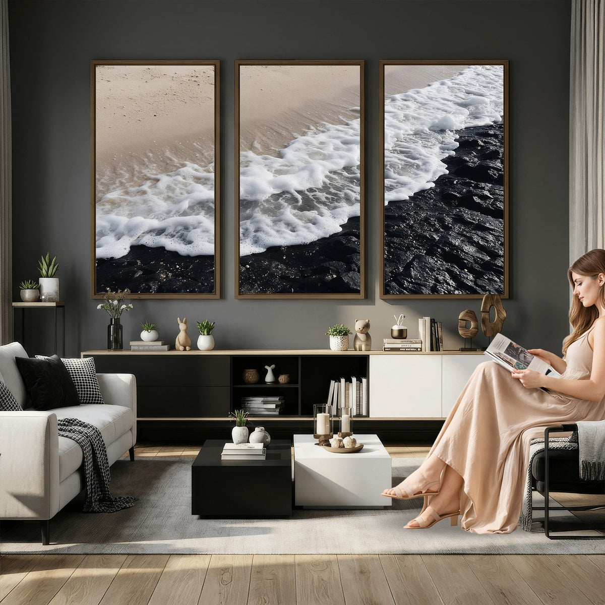 27448606-MGV-CV-24X16 - Ocean Wave Foam on Black Lava Rock Beach Canvas Wall Art Print