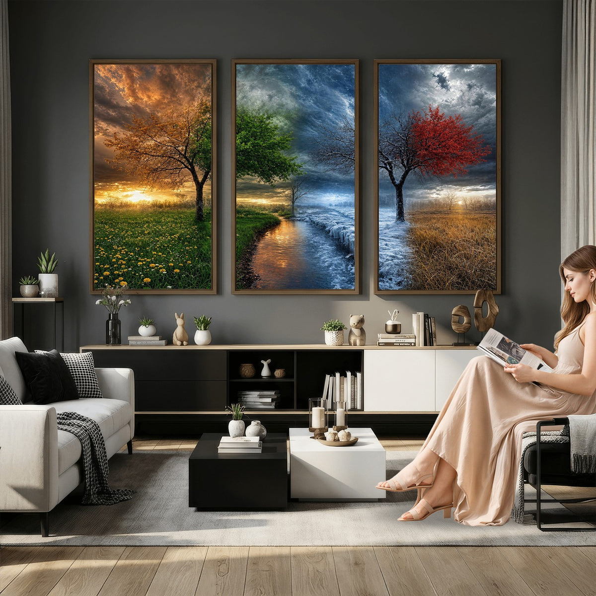 61895574-MGV-CV-24X16 - Four Seasons Tree Canvas Wall Art, Nature Landscape Canvas Print for Living Room