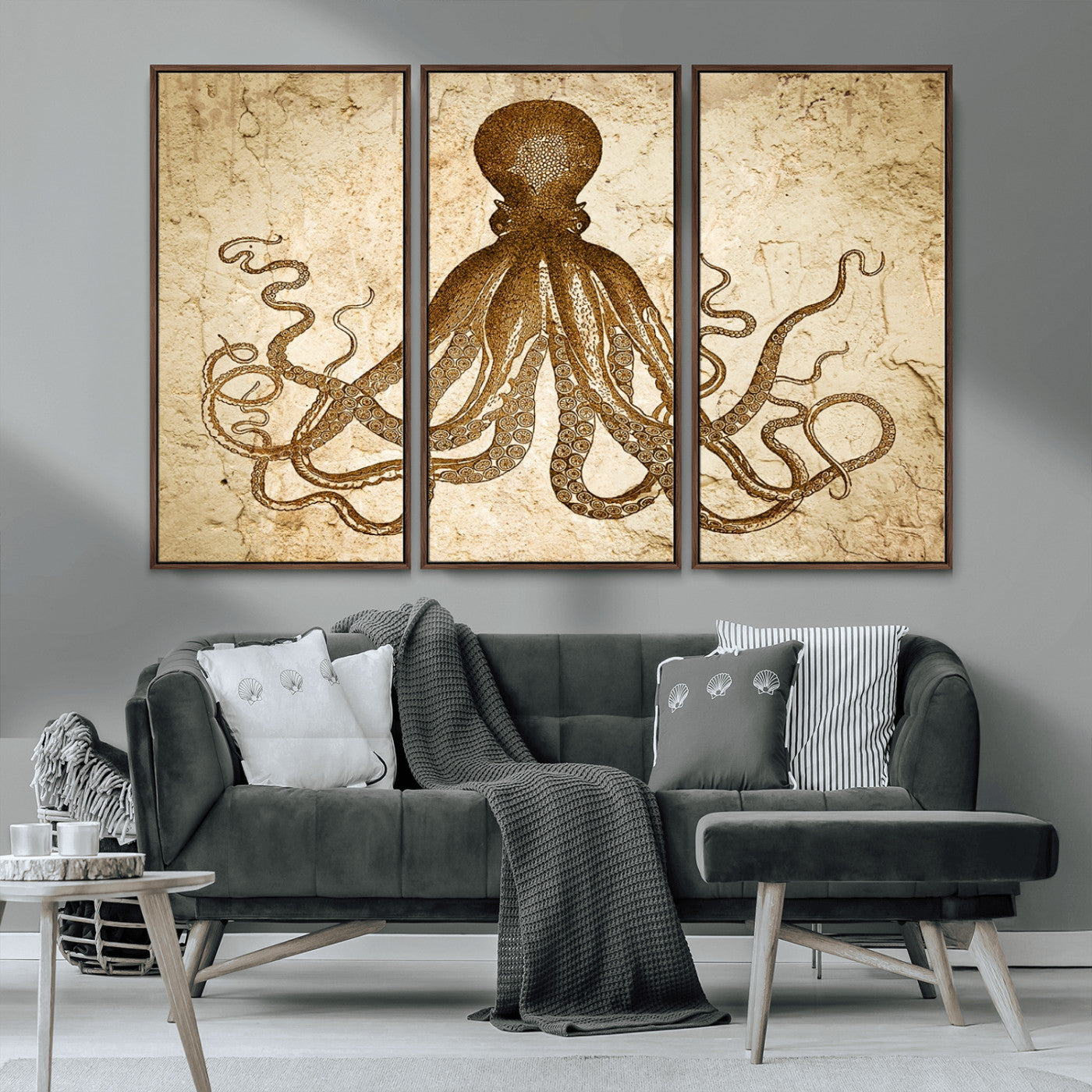 MGV-FC-48X32-3P - Sepia Octopus Wall Art Abstract Animal Canvas Print