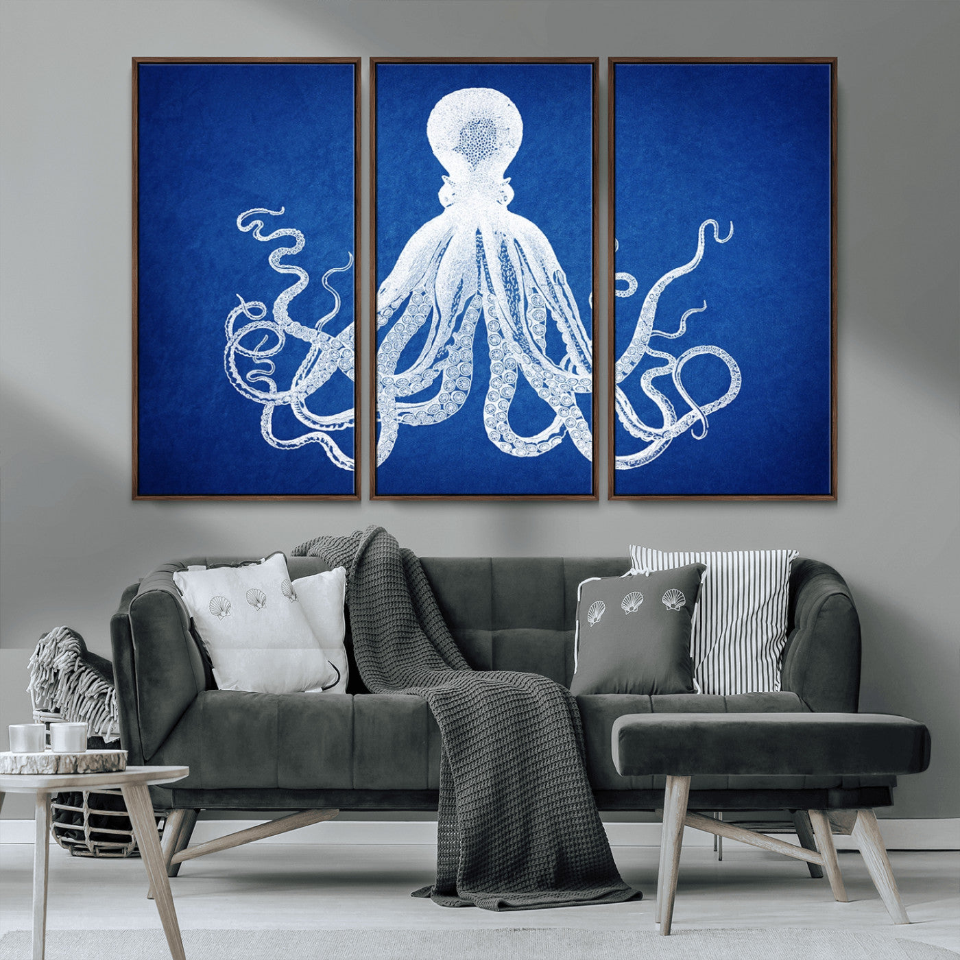 MGV-FC-48X32-3P - Large 3-Panel Blue Octopus Canvas Wall Art | Coastal Marine Life Artwork for Living Room, Bedroom,