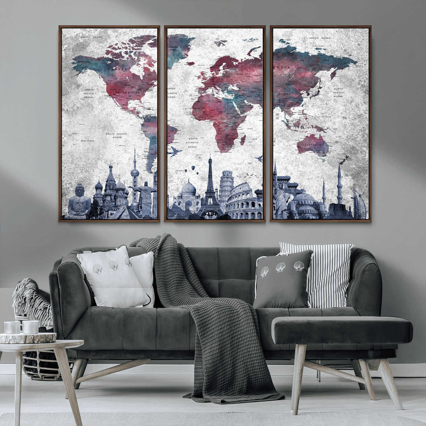 MGV-FC-48X32-3P - Push Pin World Map Canvas Print – Framed Wall Art for Couples to Track Their Travels – Anniversary
